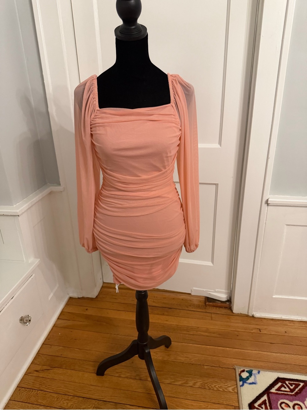 Amazon Peach Ruched Long Sleeve Mini Dress